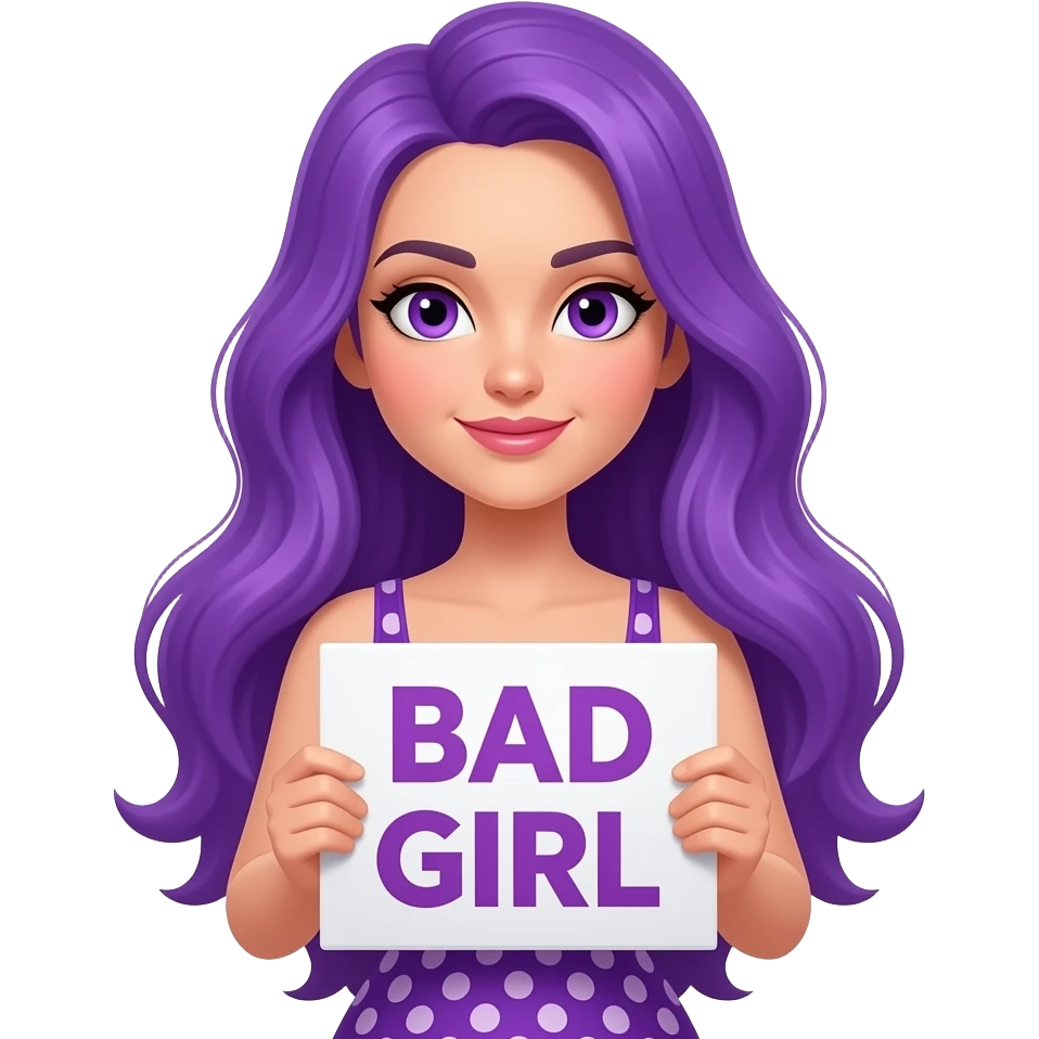 sexy girl with long purple hair and purple eyes wearing a dress holding a BAD GIRL sign emoji