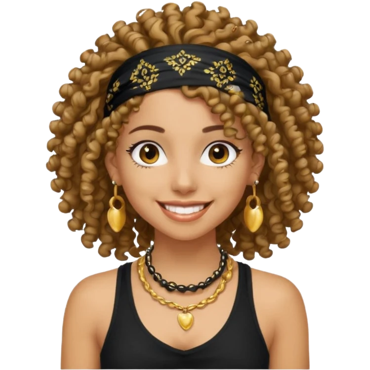 Baddie girl with black  tank top curly hairss and bandana and jwellery emoji