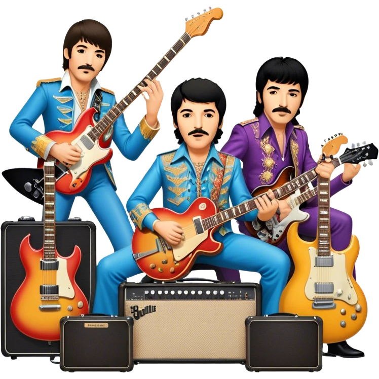 Rock music icon: dynamic collage of global rock legends like The Beatles, Jimi Hendrix, Elvis Presley, Freddy Mercury and Curt Cobane, surrounded by guitars, amplifiers, and stage lights. Symbolizing the energy and power of rock music. Transparent background. emoji