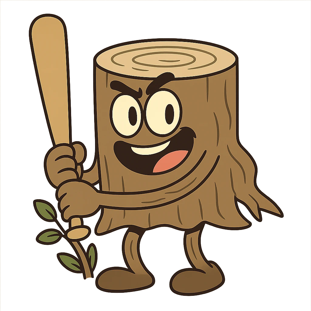 fun and lively tree stump with arms and legs holding a baseball bat emoji