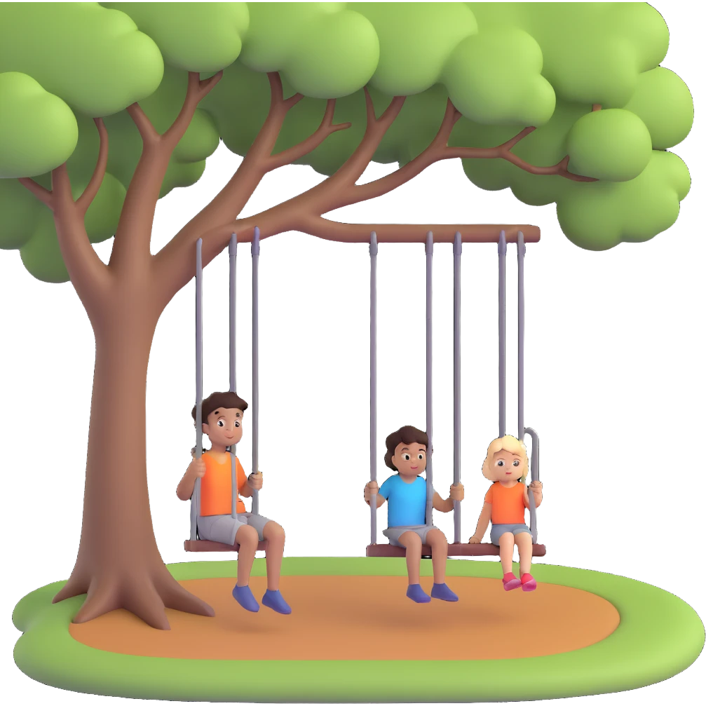 A person pushing a swing with a child sitting on it, outdoors, under a tree, in daylight. The swing is moving back and forth. Focus on the motion of swinging and the person gently pushing it emoji