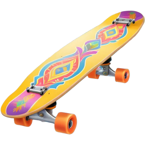 An icon featuring a colorful skateboard resting on a smooth pavement. The background shows a sunny park with trees, a clear sky, and a lively atmosphere. The skateboard's deck is decorated with vibrant designs, emphasizing its dynamic style. Transparent background  emoji