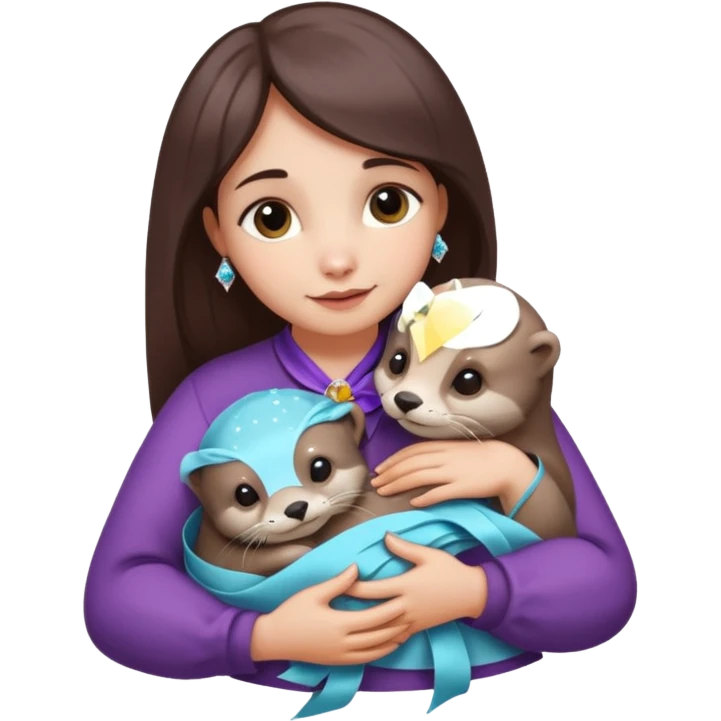 woman hugging baby otters with ribbons and crystals emoji