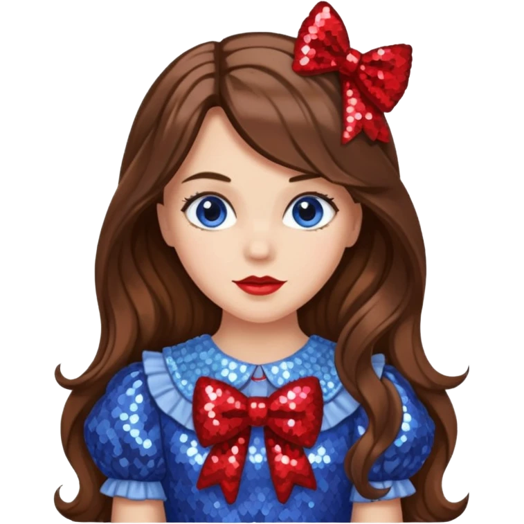 Dorothy Gale from the Wizard of Oz with long brown hair, periwinkle sequin outfit, red sequin bow emoji