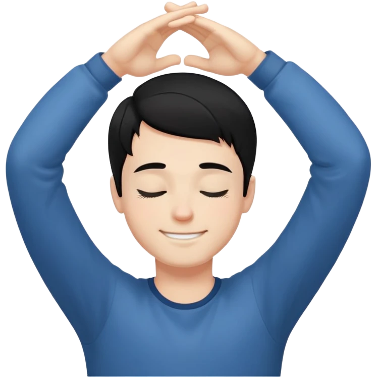 white boy smiling with right hand behind head, black hair, closed eyes emoji