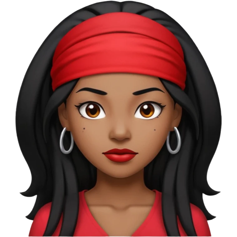 Black woman lawyer with long black hair and red headband, strong, sharp, and professional expression emoji