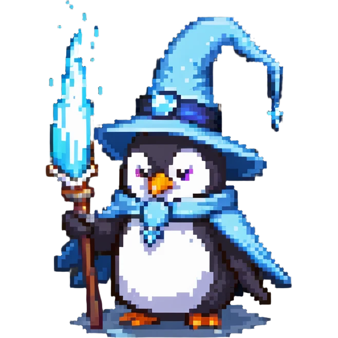 Penguin wizard casting an ice spell, with a pointed hat emoji