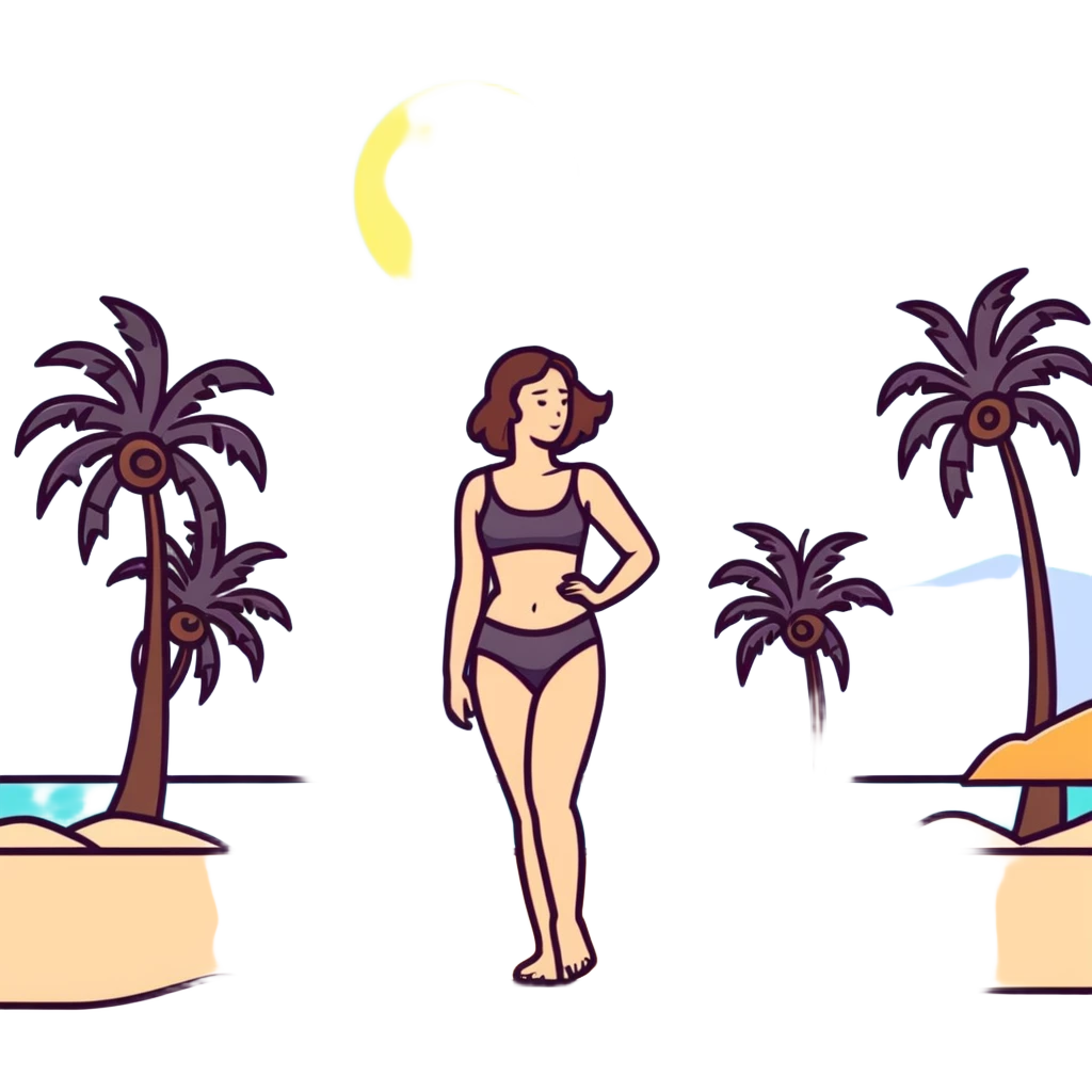 young woman at Malibu beach with palm trees emoji