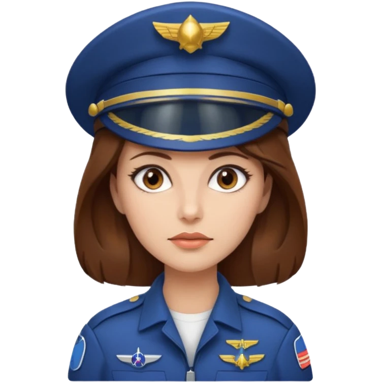 woman with brown hair and brown eyes.  space ship captain with white military hat emoji