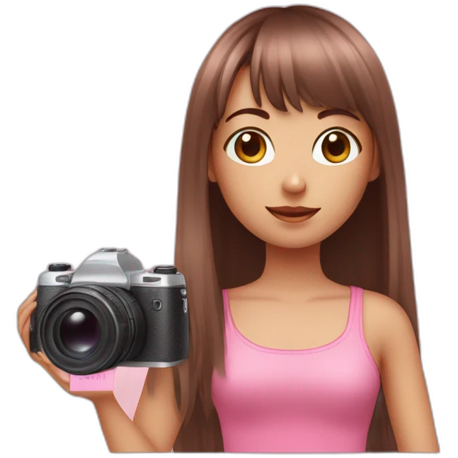 cute girl with dark brown eyes and long, straight rose hair with fringe and holding camera and wearing pink tank top emoji