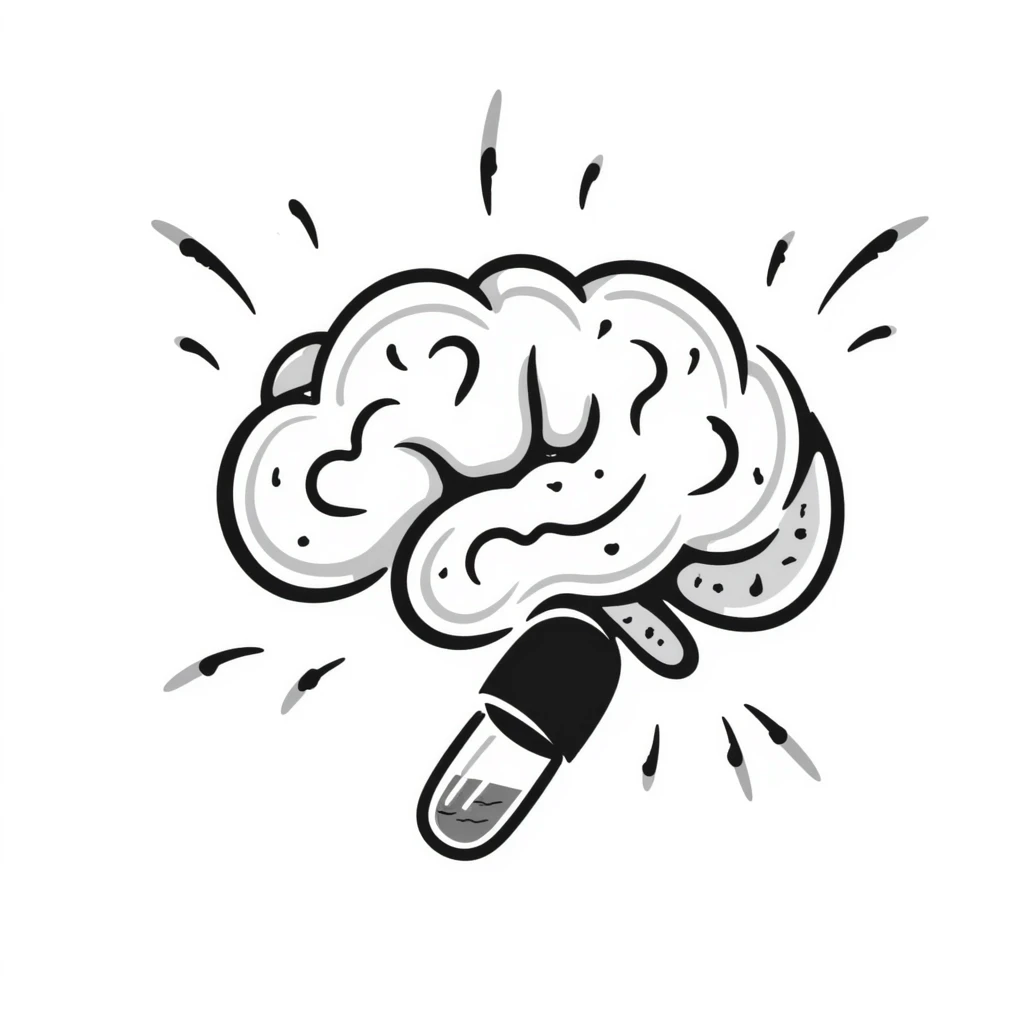 A magical amber capsule floating in front of a brain with fog lifting, showing electrical connections brightening one by one, creating clarity and focus. The brain becomes sharper and more defined. emoji