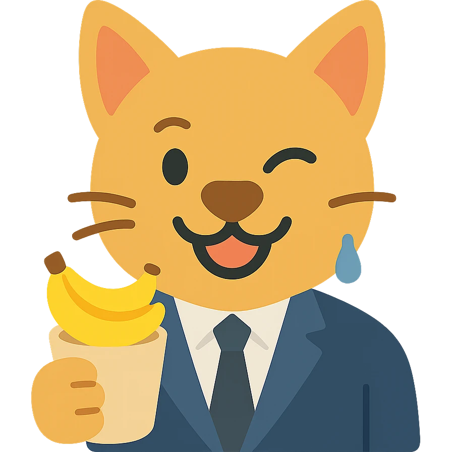 cat with a dog nose, wearing a suit, earring, holding a cup of bananas, playful expression emoji