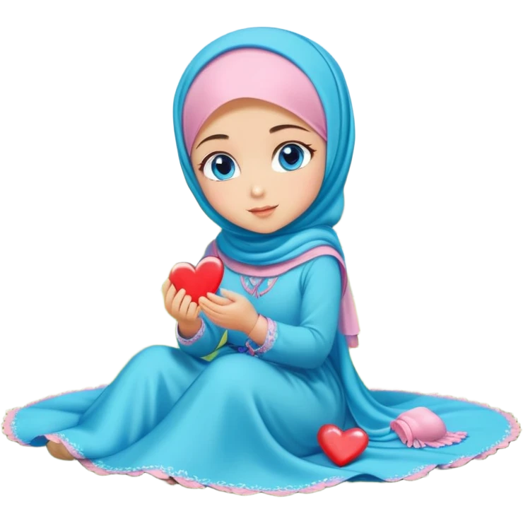 Turkish beautiful finish Konya girl blue eyes with candy hijab long tail dress and sits on the grass on the ground and sends hearts with her hand  emoji