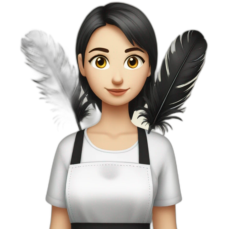 Slavic girl in a white T-shirt and a black apron holds ostrich feathers for dusting emoji