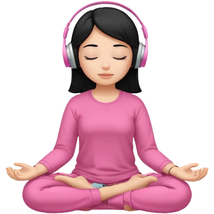 Chica de pelo negros con los ojos cerrados escuchando musica en audifonos y con camisa rosa mientras medita emoji