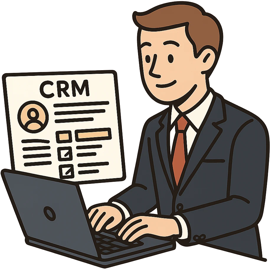 flat toon style business professional with brown hair, typing on laptop with CRM interface visible emoji