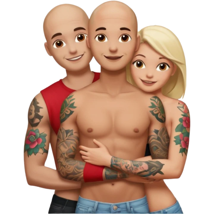 throuple tattooed sleeves bbald male with topless naked big boobed brunette and topless naked big boobed blonde girlfriends  lovingl  and sexy polygamy hott emoji