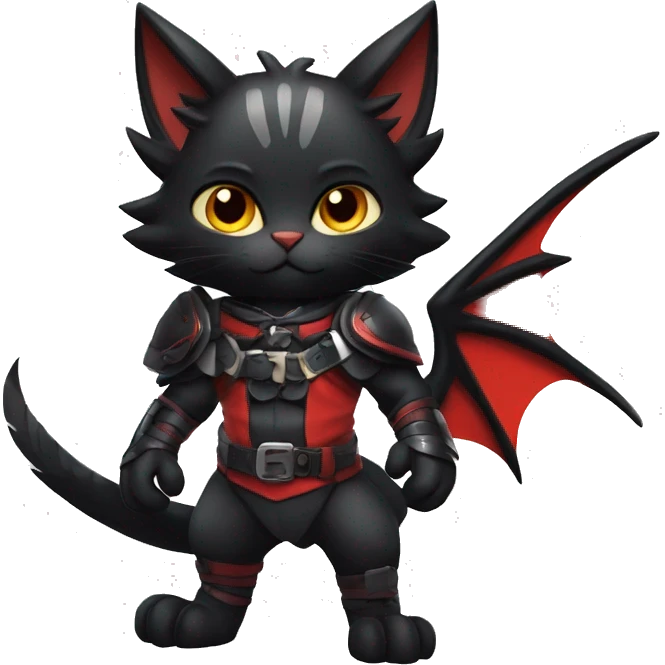 Cool Edgy Warrior Litten-Nargacuga-Cat with black bat-wing-ears with a red harness full body emoji