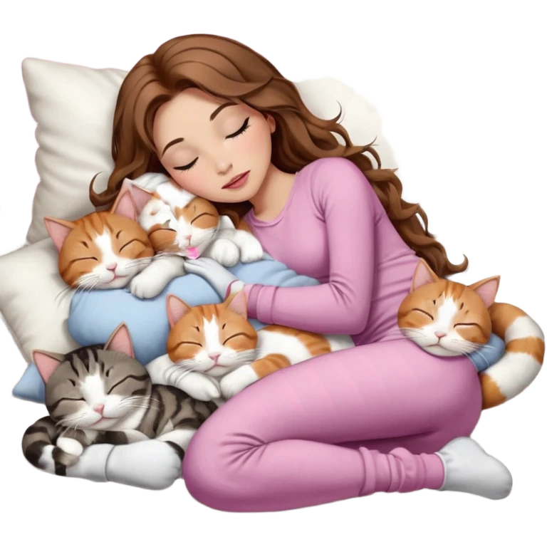 girl with long wavy brown hair, brown eyes, long lashes makeup, sexy pink lips, light to medium complexion,  sleeping on a cozy pillow, with 6 cats: 1 brown and white tabby cat, 1 ginger and white, 2 grey and white, 1 grey with white mittens and small white patch on chest and 1 calico, sleeping emoji