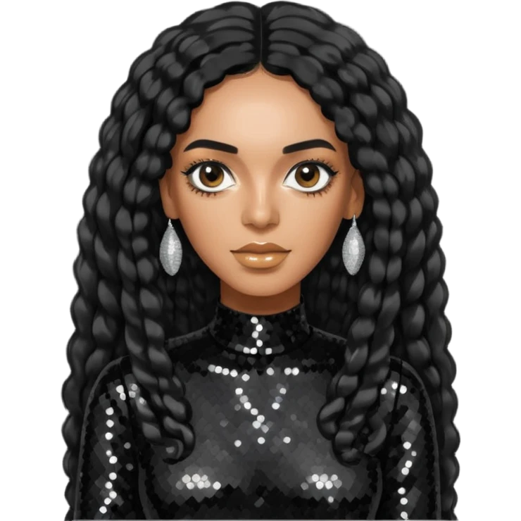 Solange with long black hair, black sequin outfit emoji