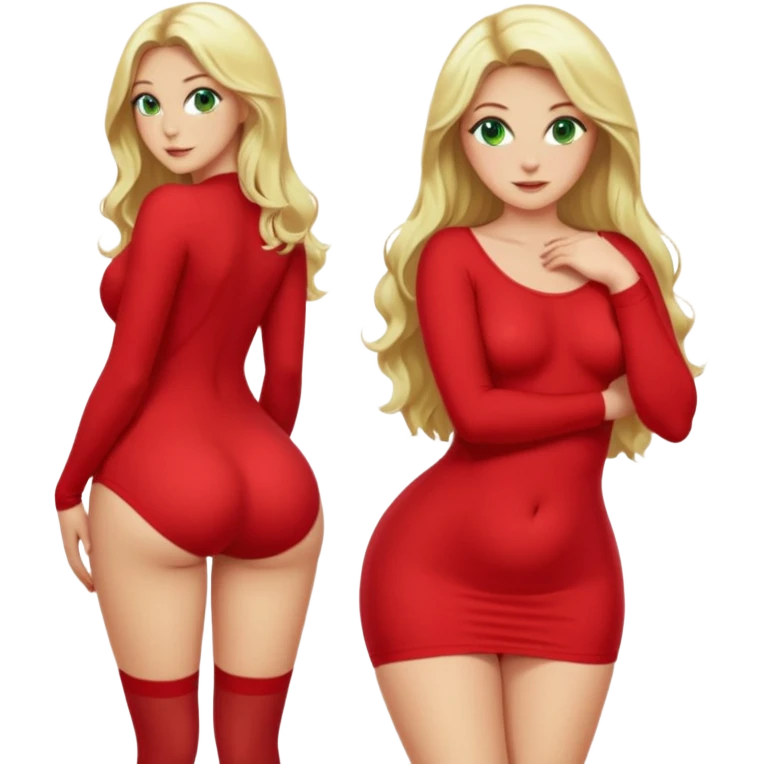 Blonde, green eyed woman with long  hair. She is curvy with a big butt and small breast. She is in sexy  red clothes nude and full body exposed. She has nice long legs. She is doing sexy pose emoji