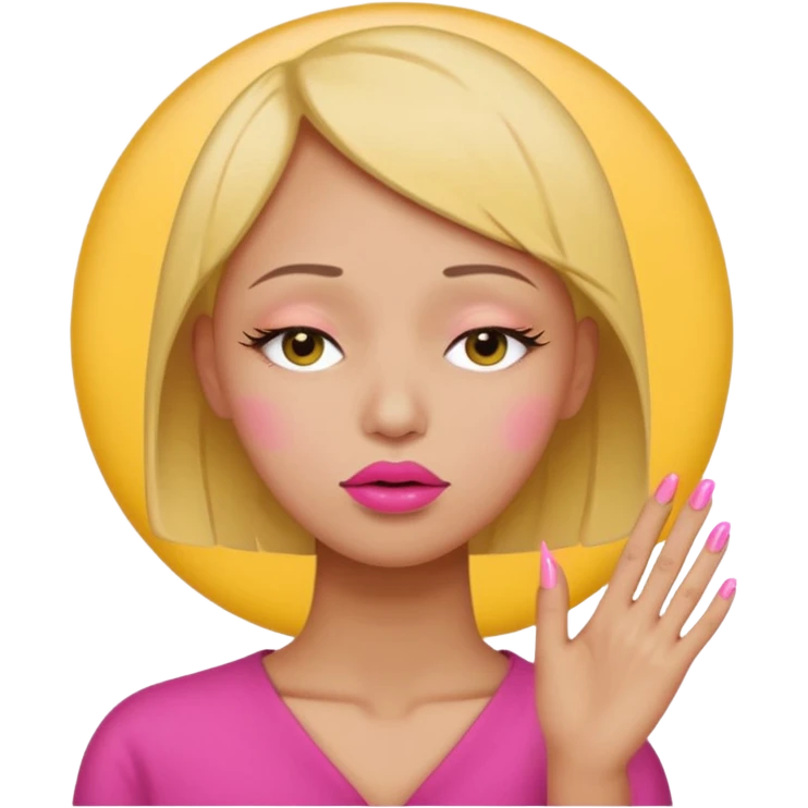 Yellow circle emoji exasperated and drumming fingers up the side of their head the eye is closed it is a side profile pink lipstick and pink nails ot is a side profile no hair emoji