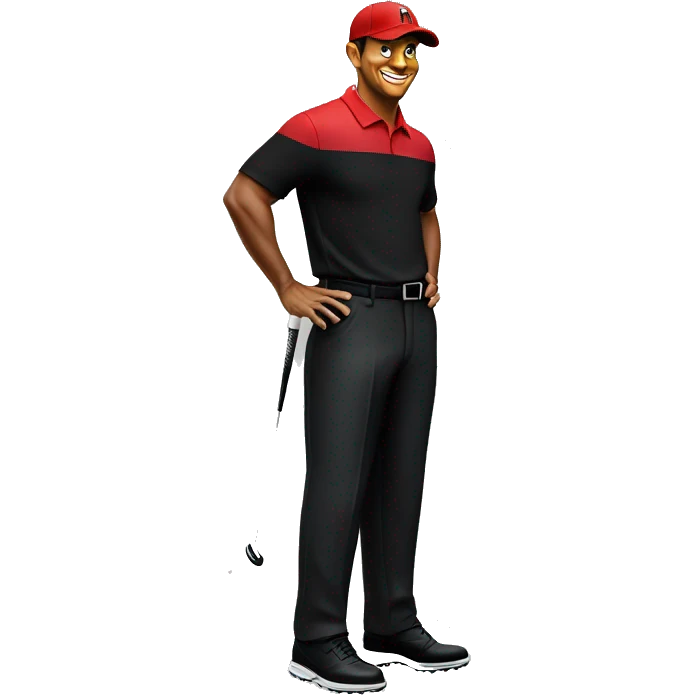 Tiger Woods, wearing a red shirt, black hat, black pants while putting  emoji