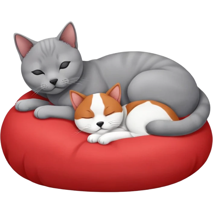 gray British Shorthair cat curled up and sleeping next to a red Basenji dog emoji