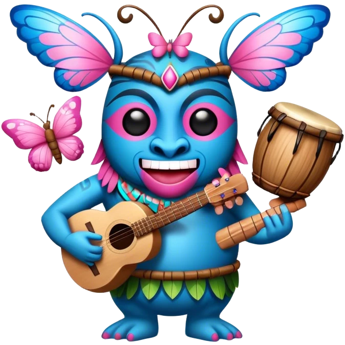 Cartoon Blue and pink tiki singing with butterfly and bongos emoji