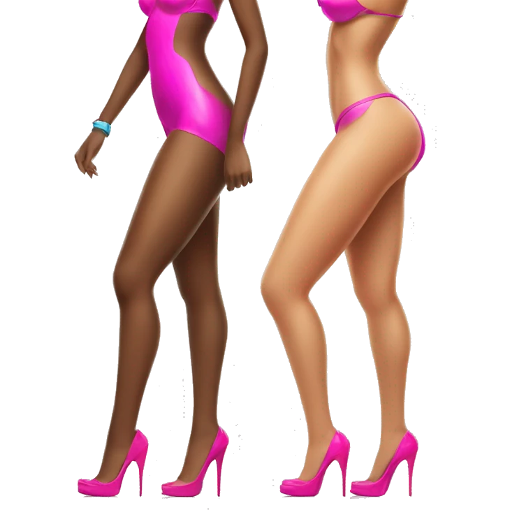 two women in bikinis with 6 inch hot pink heels emoji