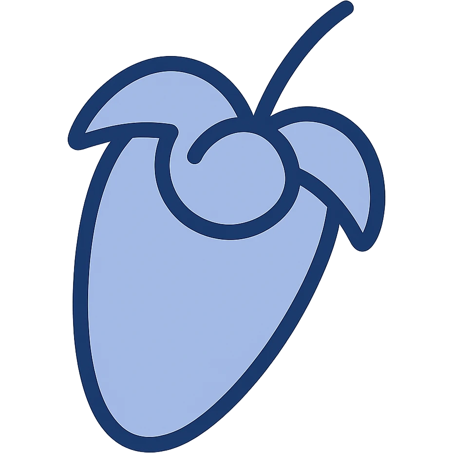 Create a flat, modern version of the FL Studio logo featuring a stylized orange fruit with green leaves. The design should be simple, minimalistic, clear, and highly recognizable, consistent with the flat blue illustration style. Use a fully transparent background. emoji