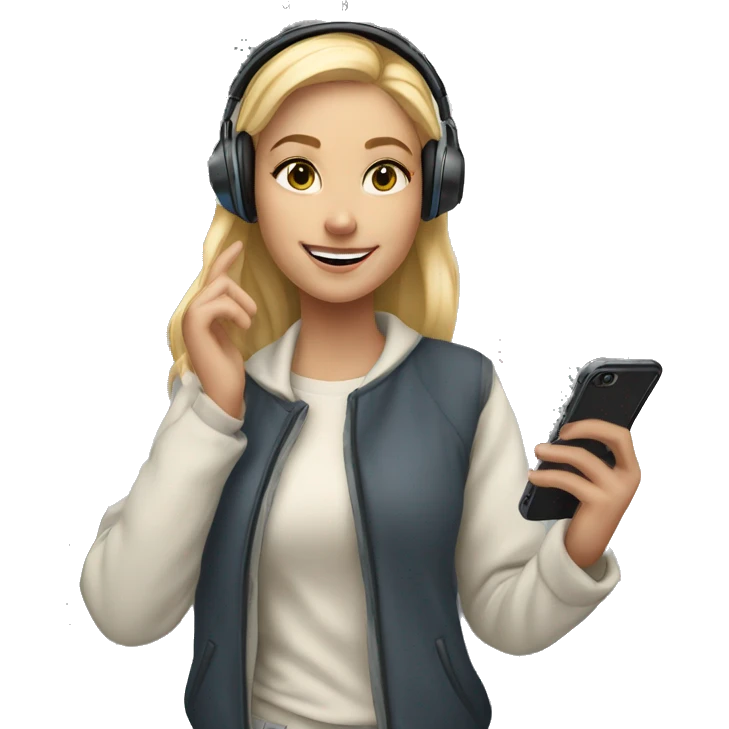 blonde female student standing by a locker wearing wireless headphones, winter coat, taking a selfie with cell phone emoji