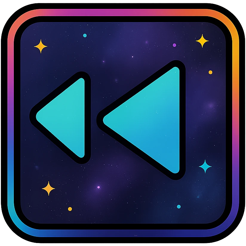 previous song icon with dark purples, blues, black base, neon glowing border, nebula gradients, small bright stars, subtle glow, specular highlights, luminous effect, accent colors cyan, pink, yellow, green, orange, consistent with media controls set emoji