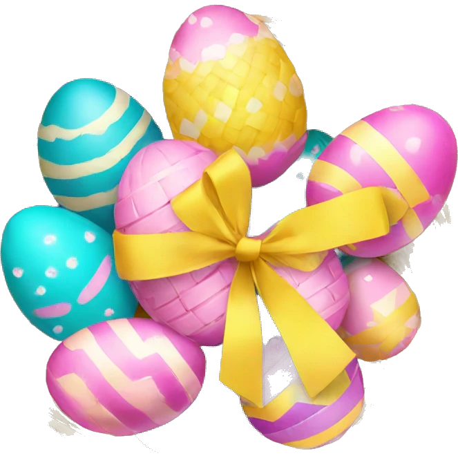 yellow basket with pink ribbon with Easter eggs on the grass emoji