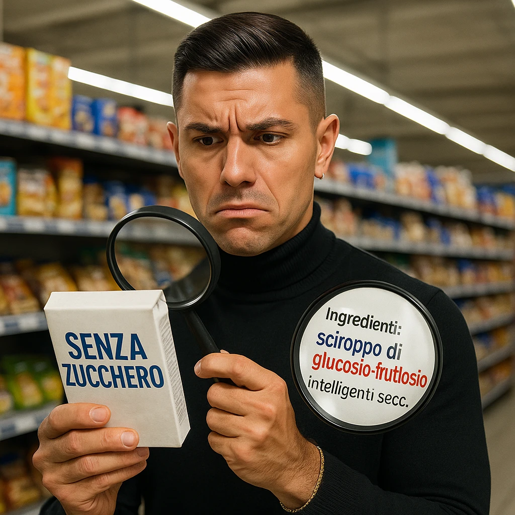 Supermarket, man like the reference, holding 'SENZA ZUCCHERO' product, ingredient list shows 'sciroppo di glucosio-fruttosio' in bold red, confused, floating magnifying glass, hyper-realistic, harsh fluorescent light. Variant 8. emoji
