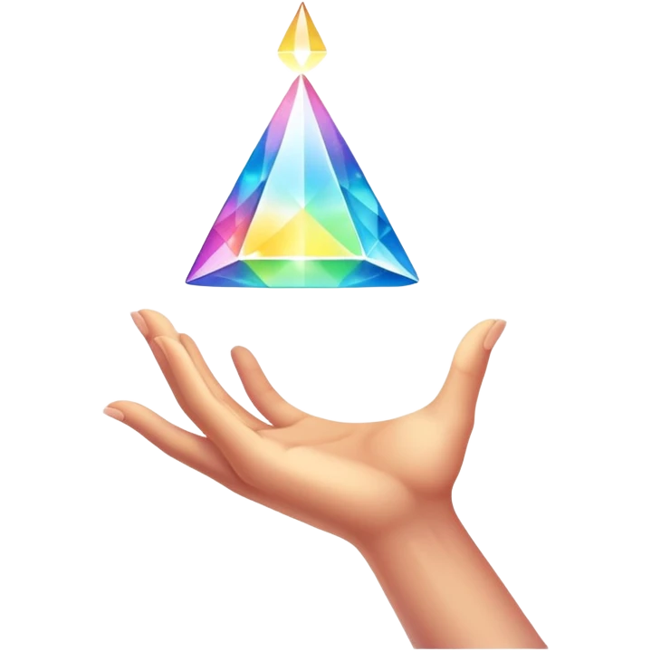 Pov white tone skin hand holding a glowing prism refracting light.  Only the hand should be displayed, nothing else.  emoji