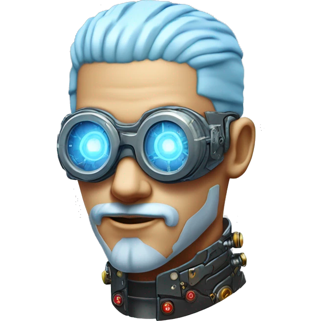  Short light blue haired male cyborg head with light blue beard, red steampunk goggles and circuits emoji