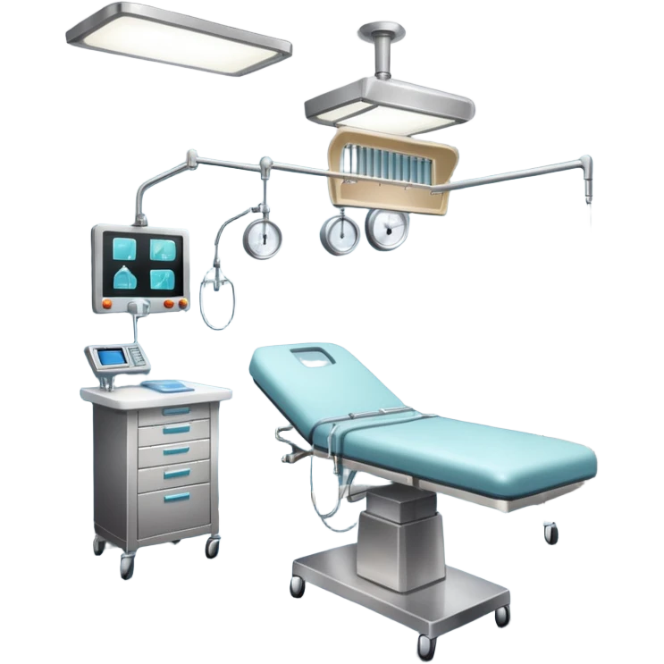 A surgical room setup with overhead lights and sterile instrument table.
 emoji
