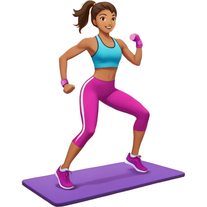 An energetic person performing an aerobics workout in a brightly lit gym, jumping and stretching with enthusiasm. The scene includes vibrant fitness equipment like dumbbells and exercise mats, with a background of cheerful, motivating colors, conveying energy and movement. emoji