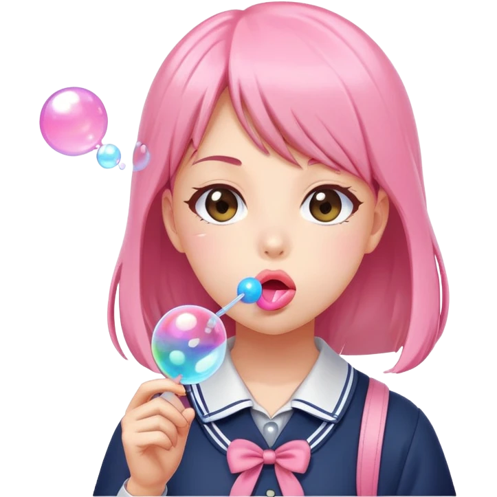Anime style school girl blowing a big bubble with bubblegum emoji