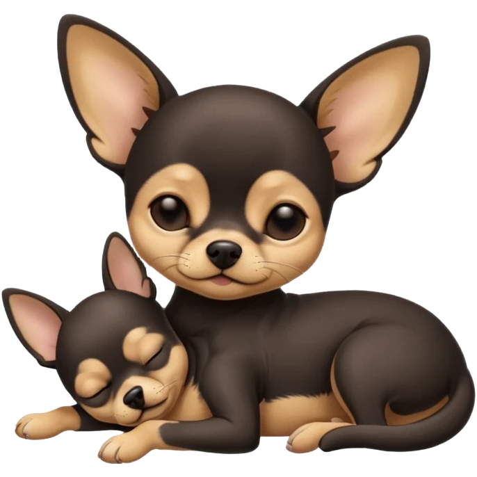 A high-resolution photo-realistic digital illustration of a cute  black with a bit of tan chihuahua with eyes closed shut sleeping lazily on the ground emoji