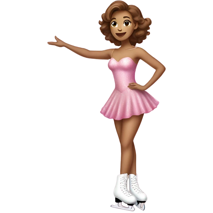 Light Skin tall woman with brown hair ice skating with pink ice skates in a pink sparkly dress posing  emoji