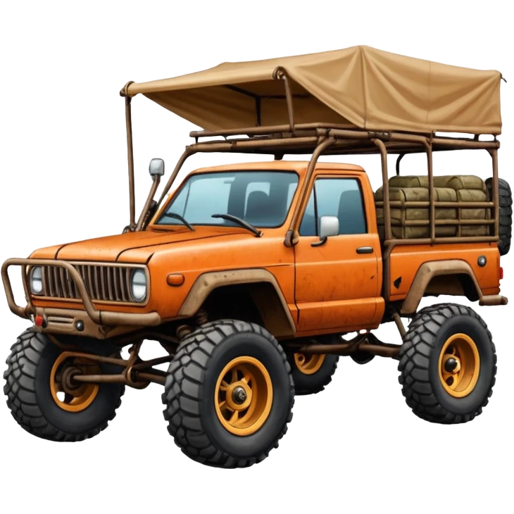Well-equipped Off road Race truck whose frame and detailed suspension is made of shopping cart material with padded roll cage, roof rack, winch, and antique style handmade bodywork (survivalist style) emoji