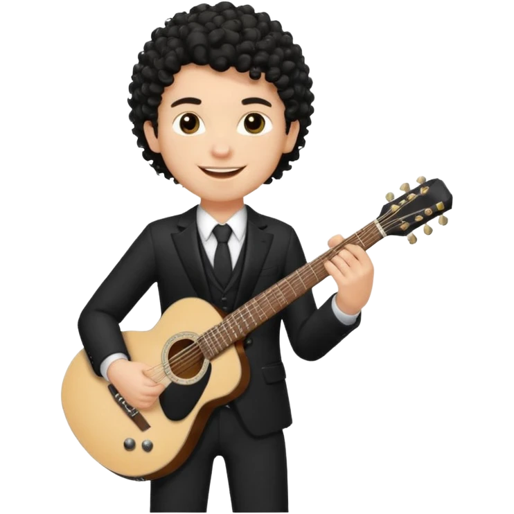 A white boy with black fade curly hair Smiling and holdijg a guitar in a black suit  emoji