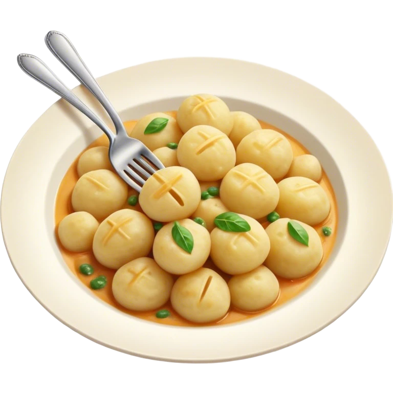 Gnocchi Cinematic Realistic Gnocchi Dish Emoji, depicted as tender potato dumplings garnished with iconic fork marks on top, rendered with soft textures and warm, inviting lighting. emoji