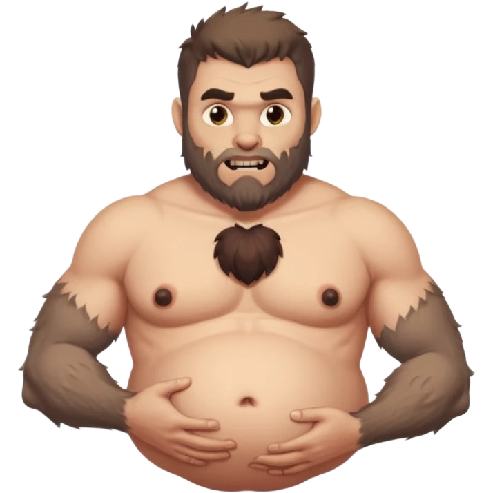 A shirtless pregnant burly male werewolf holding his pregnant belly, he has plump moobs and lactating nipples  emoji