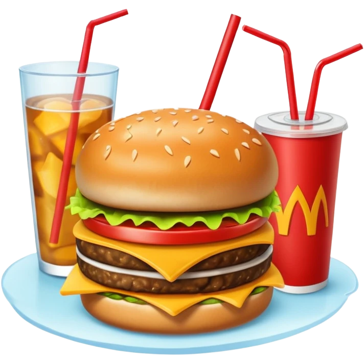 i want a Cheeseburger and Fries with a angle to 15–20° gentle bird’s-eye angle with a cold drink with ice cube with straw with some fries thicker like McDonald's french fries emoji