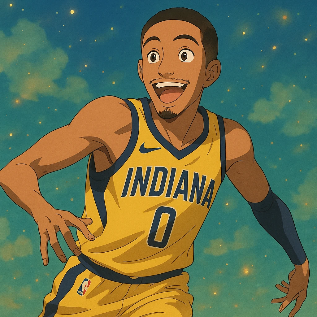 Tyrese Haliburton in Ghibli style, Indiana Pacers jersey, smiling, dynamic pose, gentle lighting, magical atmosphere emoji
