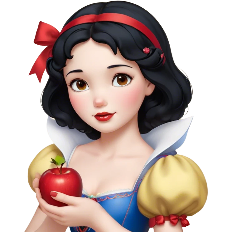 Cinematic Realistic Snow White Portrait, depicted with lifelike skin texture, soft natural lighting, and intricately detailed black hair styled with a red ribbon. Her soft brown eyes radiate innocence and kindness, complemented by a warm, gentle smile. She holds an apple in one hand, her other hand resting against her cheek, embodying her purity and charm. She is dressed in her classic yellow, blue, and red gown, the fabric rich in texture with delicate folds that catch the light beautifully. The portrait features a soft, natural glow with a radiant finish, capturing the essence of timeless beauty in a realistic and painterly style. emoji