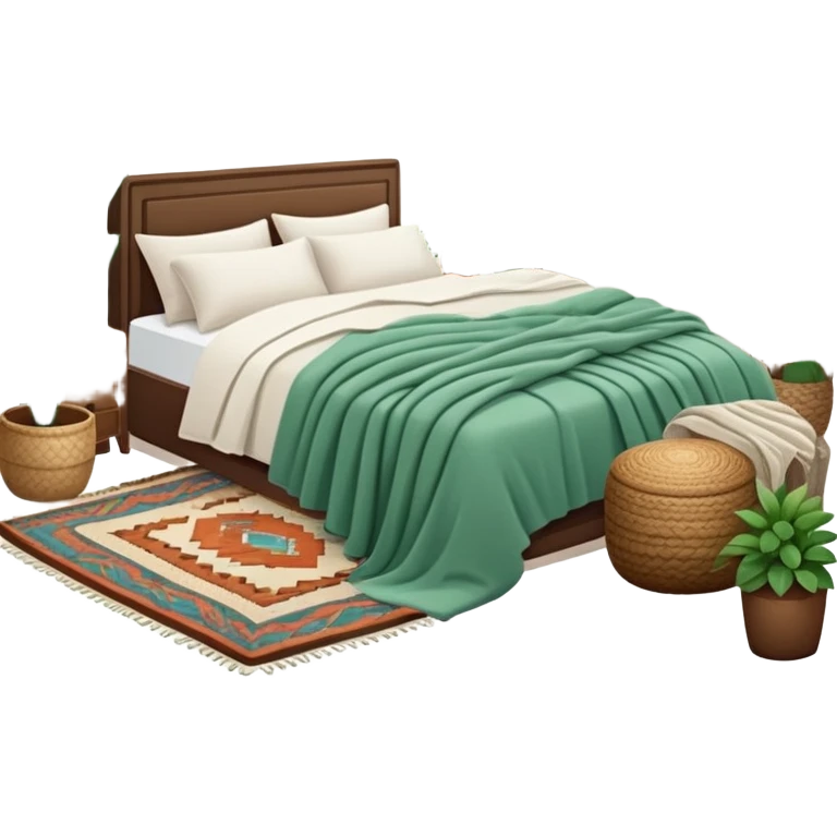 cozy modern boho bedroom with many houseplants, layered rugs, and piles of textured blankets and pillows emoji